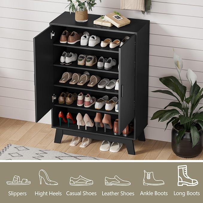 HUANLEGO Shoe Cabinet Storage for Entryway with Doors, Black | 5 Tier Fluted Shoe Organizer with Adjustable Shelves, Shoe Storage with Wooden Legs, Freestanding Shoe Rack for Entryway
