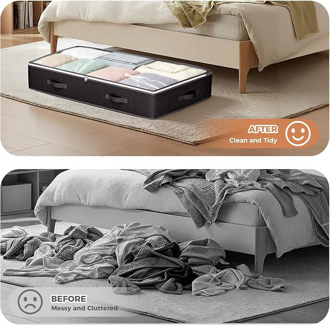Budding Joy 90L Under Bed Storage Containers, 6 Pack Clothes Storage Bins | Foldable underbed storage bins for linen sheets, blanket, clothing, comforter, sweaters, pillows, wrapping paper, black