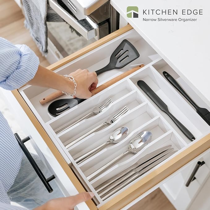 KitchenEdge Silverware & Utensil Drawer Organizer, 10.5-19 in, White Bamboo | Cutlery, flatware, food-safe contract grade, kitchen drawer fit
