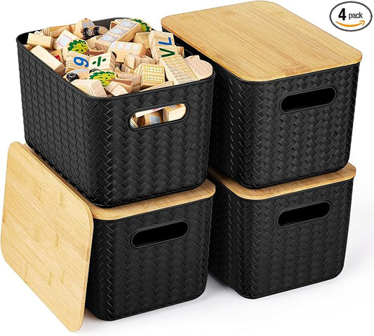 Ohmlove 4 Packs Storage Bins with Bamboo Lids - Plastic Storage Containers with Lids Stackable Storage Box: Storages Baskets for Organizing Desktop Closet Playroom Classroom Office, Black