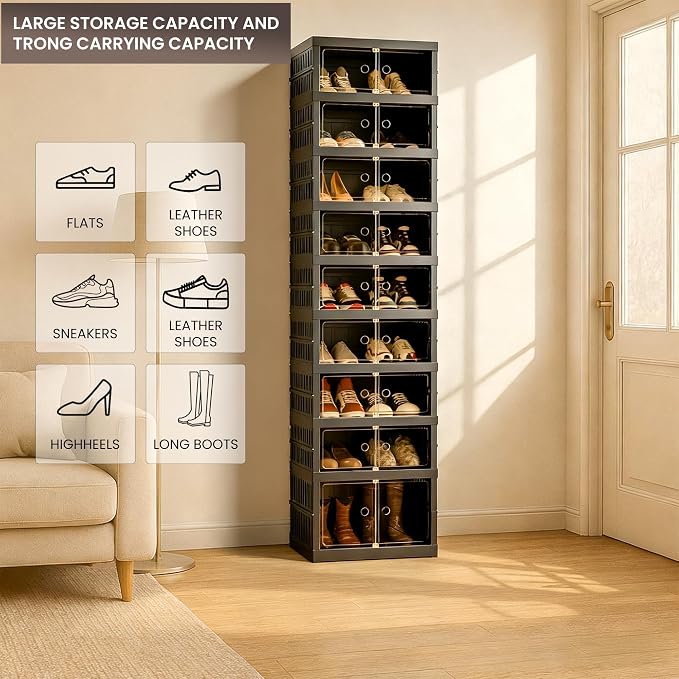 Foldable Shoe Organizer Storage Box Set of 4, Portable Extra Large Folding Shoe Rack for Closet, Shoe Storage Box with Magnetic Transparent Door and Wheels, 9 Layers 18 Grids with 2 Big Grids