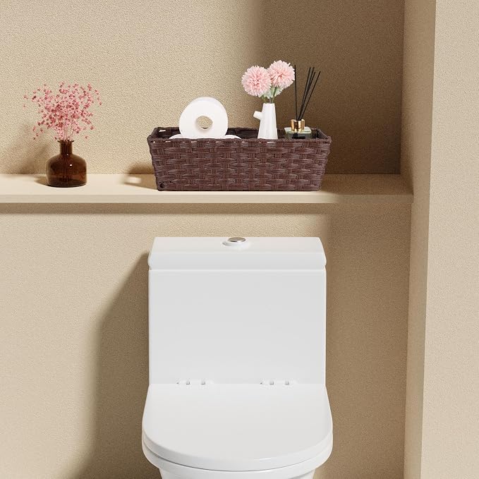 Onlytak Plastic Wicker Storage Baskets - Toilet Tank & Bathroom Baskets, Woven for Organizing, Brown, 15¾" x 6¾" x 4¾", 2-Pack