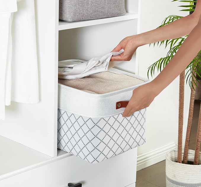 DECOMOMO Storage Bins, Fabric Storage Baskets for Shelves | 3 Pack Linen Closet Organizers for Toys and Nursery (Large, Checkered White)