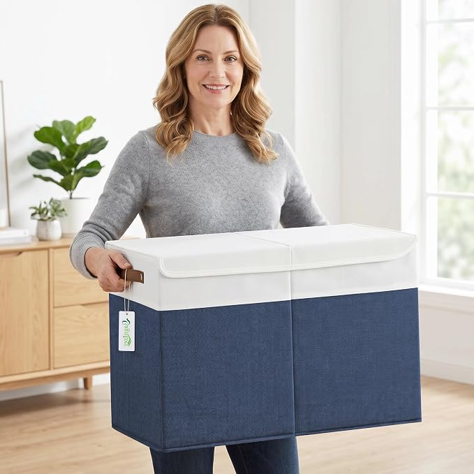 Bagnizer Large Toy Storage Box with Lids, Collapsible Sturdy Baby Storage Organizer Chest Bin Basket for Kids, Boys, Girls, Playroom, Nursery, Bedroom, Closet 25"x13"x16" (Navy Blue and White)