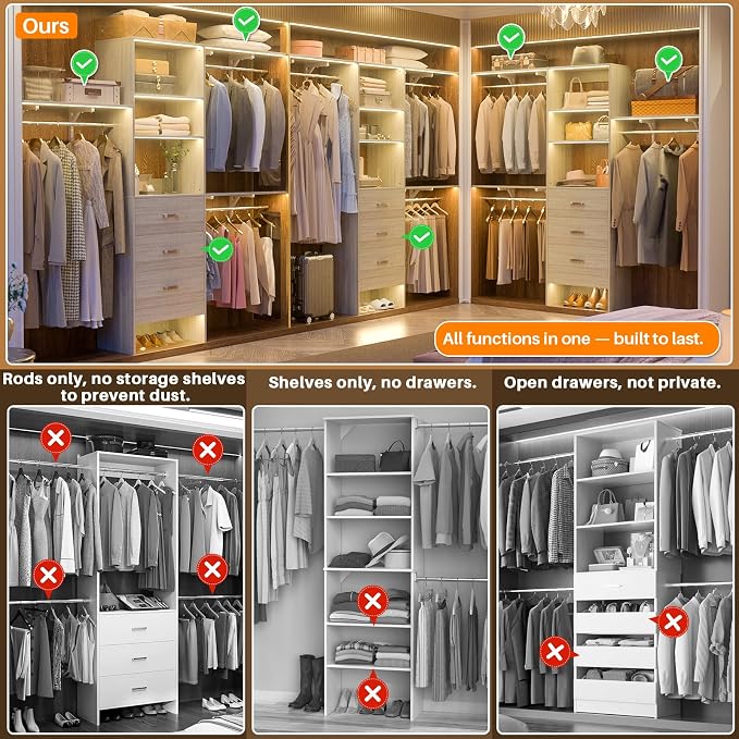 96" Wood Closet System with 3 Enclosed Drawers & 3 Solid Shelves, 8FT Adjustable Closet Organizers and Storage, Heavy Duty Modular Wardrobe for Reach-In & Walk-In, 1000 LBS Load, White Oak