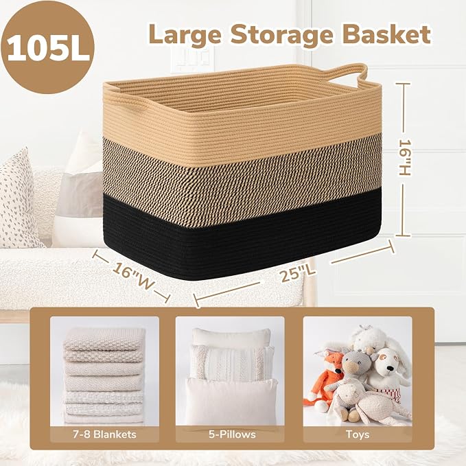Goodpick 105L Extra Large Cotton Rope Blanket Basket, Black Jute | 25 x 16 x 16 in, Rectangle, Living Room, Bedroom & Nursery Organization, Blankets, Pillows & Toys Storage