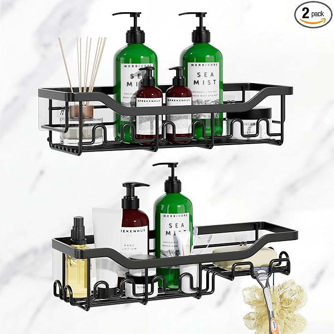 Shower Caddy Adhesive Bathroom Shelf, 2-Pack Rustproof Shower Organizer with Soap Holder, Wall Mounted Shelves for Large Storage with 16 Hooks