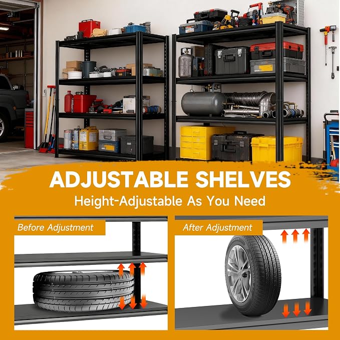 Garage Shelving,2-in-1 Adjustable Storage Shelves with Guard | 3300LBS Capacity Heavy Duty Shelving,Metal Shelf Reinforced Double-Layer Columns for Garage Basement Kitchen Black