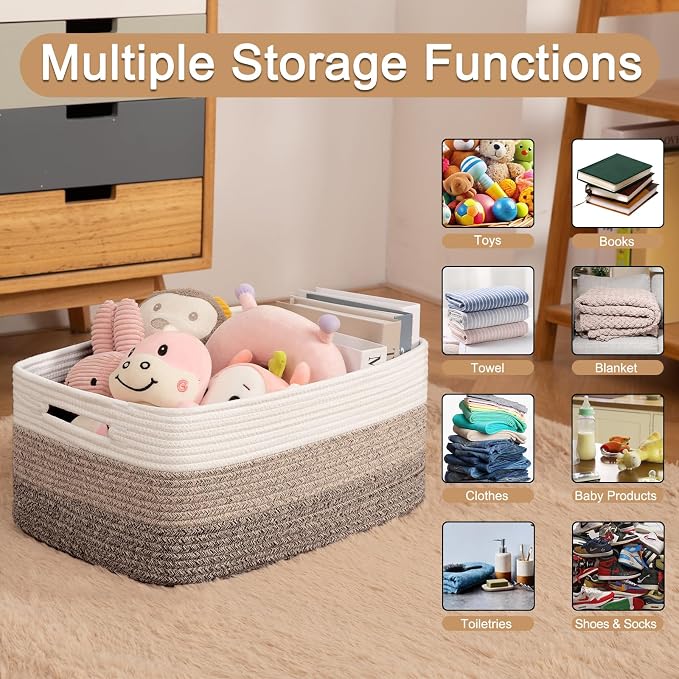OIASKET Large Storage Basket for Organizing, Woven Rope Basket for Shelves, Closet Organizer Bins for Clothes, Blanket, Toys, Baby Nursery Storage, 17.7" x 13" x 7.87", 2 Packs Yellow