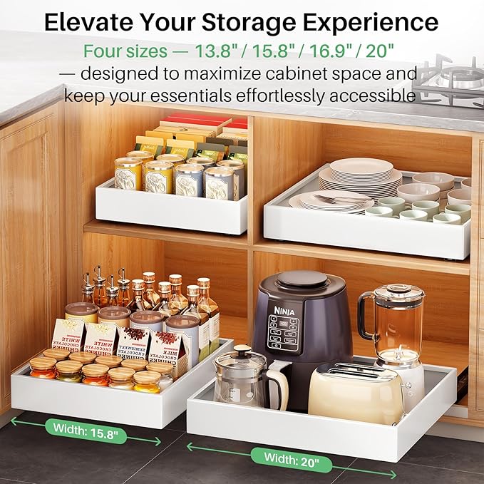 2Pack Pull out Cabinet Organizer, 21"Deep, Heavy Duty Full-extension Slide out Drawers for Kitchen Cabinet, Roll out Shelf Storage with Nano Adhesive for Pots, Bathroom, Pantry, Home, White