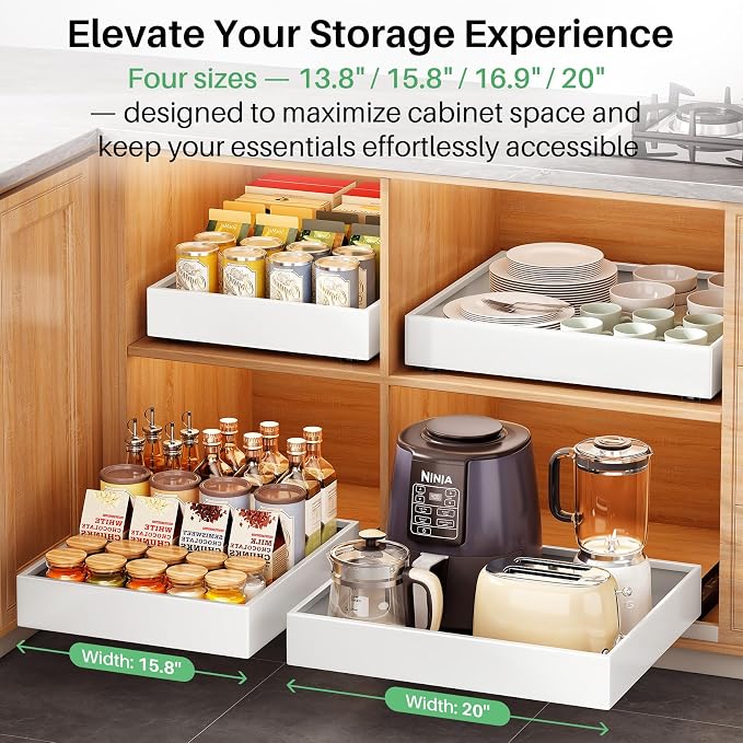 Pull out Cabinet Organizer, 21"Deep, 16.9"Wide Full-Extension Heavy Duty Slide out Drawers with Nano Adhesive, Roll Out Shelf Sliding Cabinet Storage for Kitchen, Bathroom, Pantry, Under Sink(White)