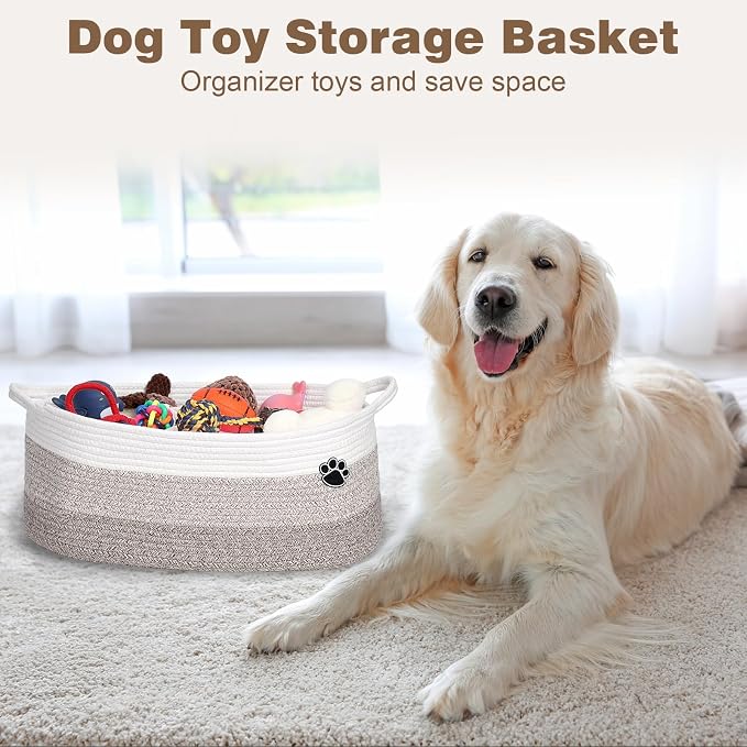 Optish Dog Toy Basket, 30L Toy Box and Bin for Dog Cat Storage, 19.7" X 11" X 7.9" Large Woven Rope Basket for Blanket Storage, Living Room, Bedroom, White & Brown
