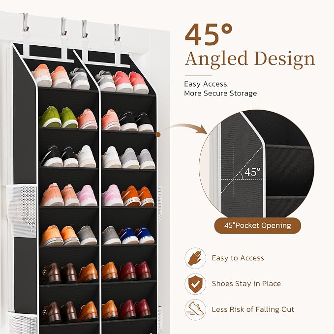Over the Door Shoe Organizer, 20-30 Pairs Heavy-Duty Hanging Shoe Storage with Large Pockets, 10-Tier Door Shoe Rack with 4 Hooks for Sneakers Sandals Heels Boots (Black)