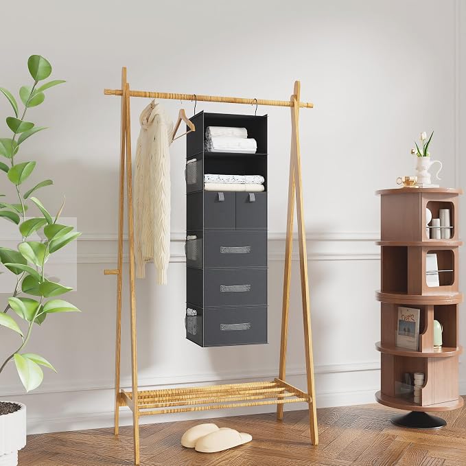 6-Shelf Hanging Closet Organizer with 5 Drawers, Non-Woven, Dark Gray | Spacious compartments sort clothes & undergarments; foldable drawers add hidden storage for closets, wardrobes or RVs.