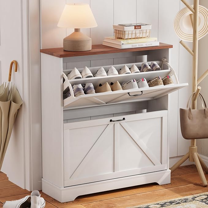 Semiocthome Farmhouse Shoe Storage Cabinet with 2 Flip Drawers, 31.5"(W) Freestanding Shoe Organizer with Barn Door and Metal Handles for Entryway, Rustic Narrow Slim Shoe Rack Cabinet - White