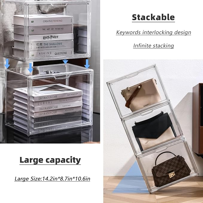 LXLXXL Acrylic Box Display Case, 5-Pack XL Stackable Storage Bins with Lid | Stackable Storage Bin X-Large 5 Pack, Clear Acrylic Display Case With Magnetic Lid, Dustproof Showcase for Figures Cosmetics
