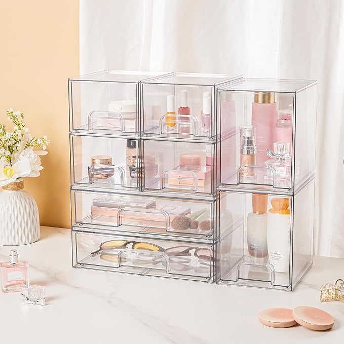 Vtopmart Stackable Storage Drawers Set of 8, Clear Plastic Organizer Bins for Bathroom Supplies,Ideal for Cabinet,Pantry,Laundry Room Organization