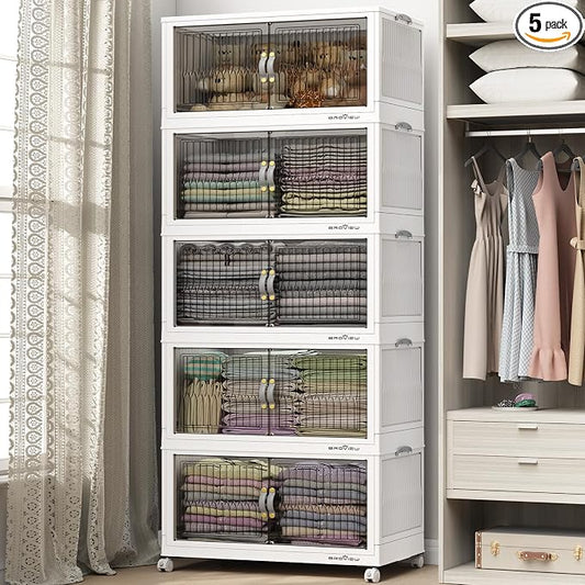 BROVIEW 600 Qt Stackable Storage Bins with Lid, Plastic Closet Organizers and Storage Drawer, Collapsible Storage Box with Wheels, Folding Storage Cabinet for Closet Clothes Organization, 5Pack White