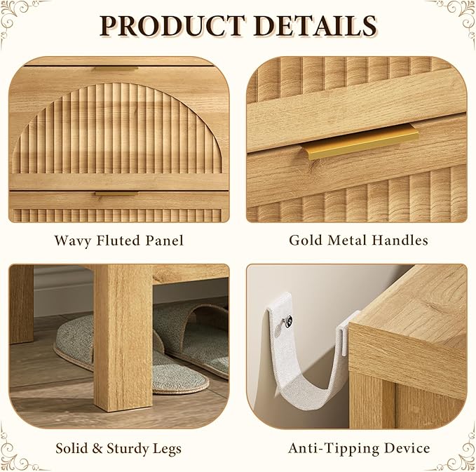 Fluted Shoe Cabinet Storage with 2 Flip Drawers for Entryway, Hallway | Hidden Shoe Rack Slim Freestanding Hidden Shoe Organizer for Foyer, Hallway, Living Room, Oak