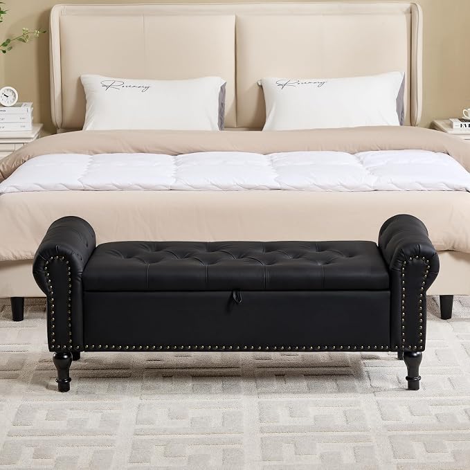 Storage Bench for Bedroom, 51" Upholstered End of Bed Bench, Faux Leather Queen Size Benches with Rolled Arms, Tufted Button Storage Long Ottoman, Living Room, Entryway, Obsidian Black