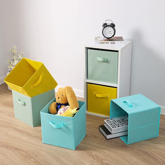 Stero Fabric Storage Bins 6 Pack Fun Colored Durable Storage Cubes with Handles Foldable Cube Baskets for Home, Kids Room, Closet and Toys Organization Cyan, Green, Yellow