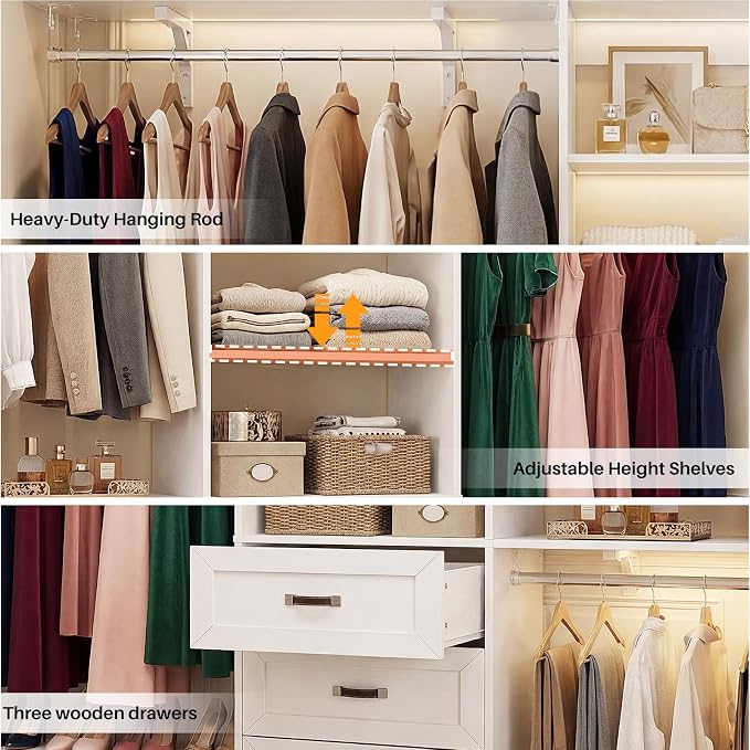 8FT Closet System with 3 Curved Drawers, 96'' Wooden Walk-in Closet Organizer with 3 Top Shelves, Adjustable Organizer System with 3 Hanging Rods, Built-in Wardrobe Storage Rack for 4-8 ft, White