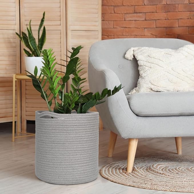MEGASKET Cotton Rope Plant Basket, Woven Baskets Planter for 11 inch Pot, Round Indoor Tree Pot Cover, Storage Bin Organizer, Modern Basket for Plants and Home Decor, 12.5”X12.5”, Gray