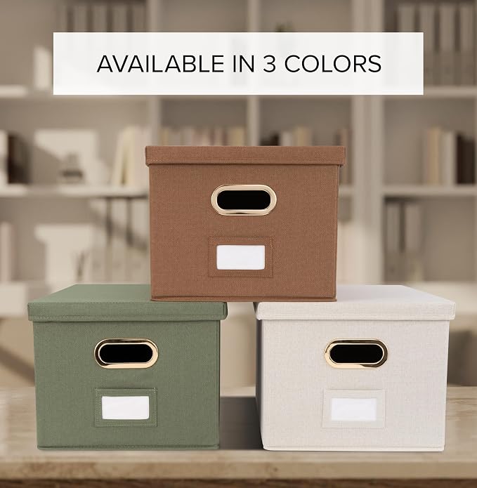 Decorative File Organizer Box Set of 2 - Collapsible Linen Filing Cabinets with Handles Are Perfect to Store All Your Documents & Hanging File Folders - Portable Easy Slide Office Crates with Lid