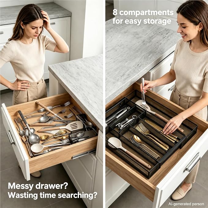 Sedegn Silverware Organizer Metal Mesh, Large Drawer Organizer | Utensil Cutlery Tray for kitchen drawers, Expandable Flatware Organizer with 8 Compartment Black 11.6"~20" x 17.3"