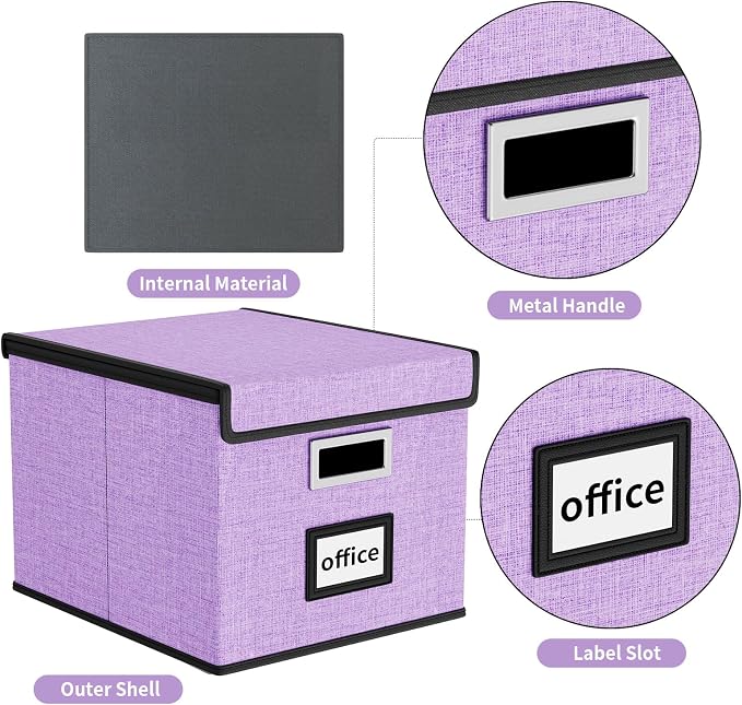 File Organizer Box with Lids, Collapsible File Folder Organizer | File Box with Plastic Slides for Office Document Storage, Filing Bin for Letter Size Hanging File Folders (1 Pack, Lavender)