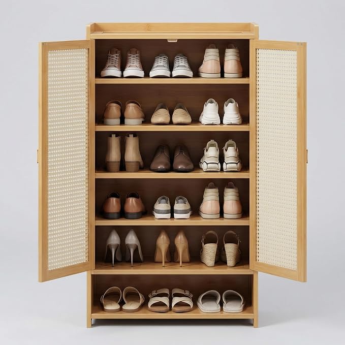 SACSTAR Shoe Storage Cabinet 23.6" L x 12.6" W x 36.6" H Compact Entryway Shoe Rack with 2 Doors & 7 Shelves, Natural Bamboo & Rattan Design Ideal Shoe Organizer for Small Spaces