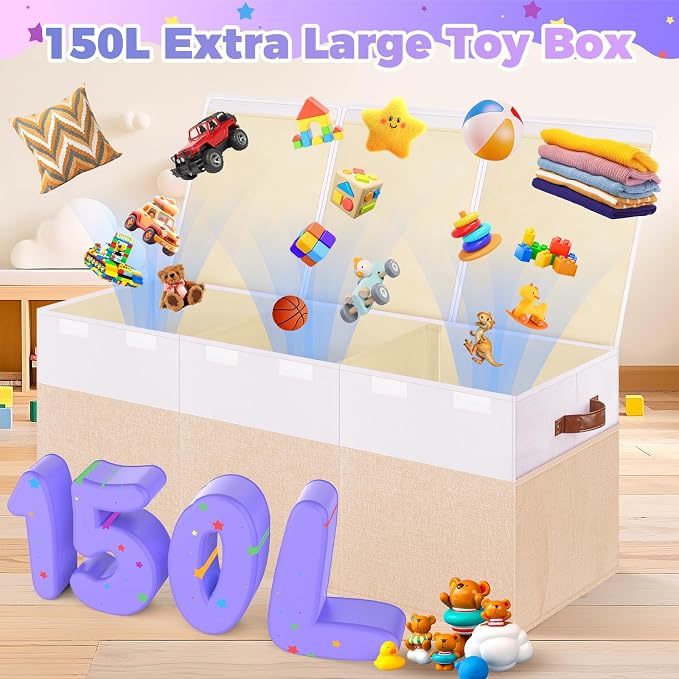 Extra Large Toy Storage Box with Lid, Collapsible Sturdy Toy Chest Storage Organizer Bin Basket with Divider for Kids, Boys, Girls, Closet, Playroom, Bedroom, Nursery, 40"X14"X16", Beige & White | Sturdy Kids Toys Bin with 2 Mesh Pockets and Dividers f...