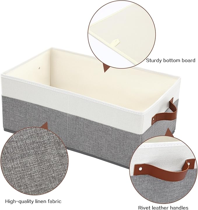 6 Pack Closet Storage Bins, Storage Baskets for Shelves | Linen Closet Organizers and Storage with Leather Handles for Clothes,Towels, Sheets, Jeans, Toys, Books (Grey and White)