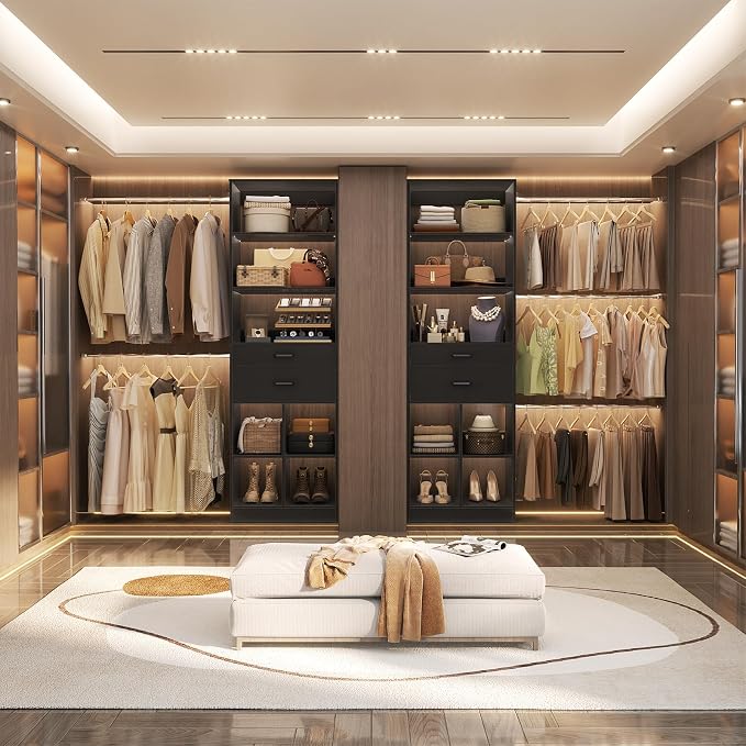 Besiost Closet System, 4-8 FT Closet Organizer Tower with 2 Wooden Drawers and Shelves, Can Fit 60 to 96 inch Walk-in Closet System with 5 Hang Rods, Built-in, Black