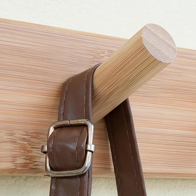 SKOLOO Wood Coat Rack Wall Mounted,10 Peg Long Bamboo Hook for Hanging Backpack Coat Towel Hat,16'' Hole to Hole,Natural