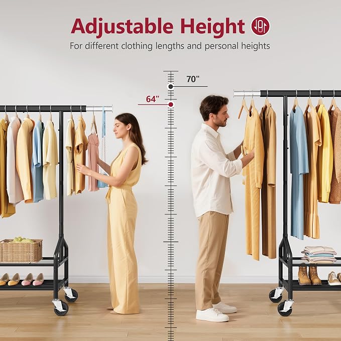 Clothing Rack with 2 Shelves, Metal Heavy Duty Load 350 LBS, Black | Adjustable Clothes Rack, Extendable Garment Rack for Hanging Clothes, Rolling Rack for Bedroom, Laundry Room, Clothes Store