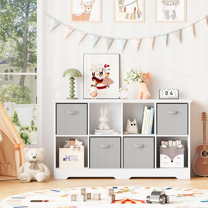 8 Cube Storage Organizer Shelf, Wood Cubby Storage with 4 Fabric Drawers | 2 Tier Wooden Bookshelf with 2 Adjustable Shelves, Fluted Side Panels Bookcase for Bedroom, Living Room, Home Office, White