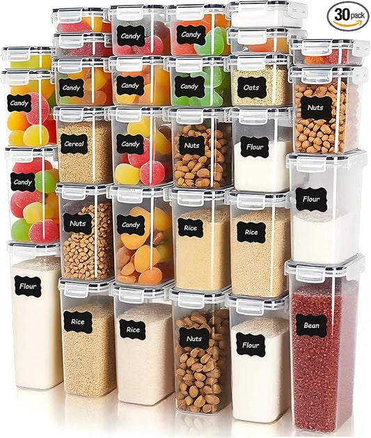 30 PCS Airtight Food Storage Containers with Lids, BPA Free Clear Plastic Kitchen and Pantry Organization and Storage Set for Flour, Sugar, Cereal, Pasta, Includes 30 Labels and Marker