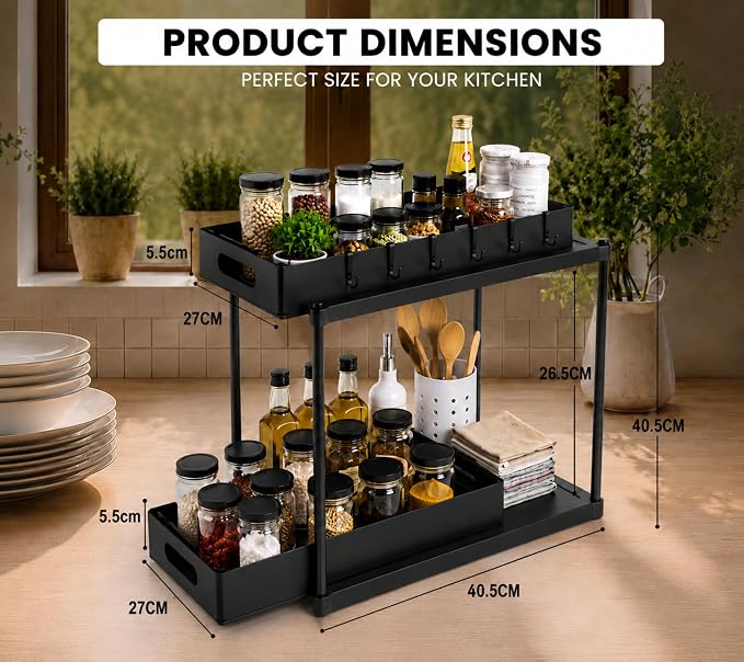 2 Pack Under Sink Organizer, Pull-Out Cabinet Storage Organizers for Bathroom & Kitchen, Multi-Purpose Under Counter Shelf Rack for Cleaning Supplies, Bottles & Toiletries, Cabinet Organizer-Black