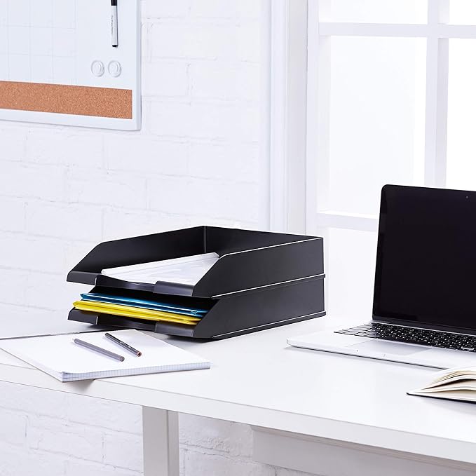 Amazon Basics Rectangular Stackable Desk Organizer Office Letter Tray, File Storage, Paper Organizer, Black, 2-Pack