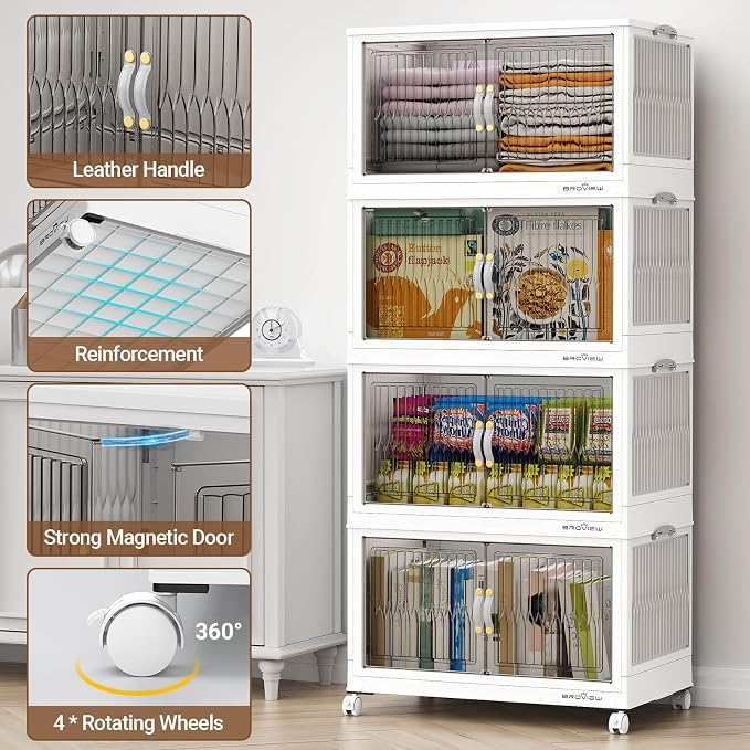 BROVIEW 480 Qt Stackable Storage Bins with Lid, Plastic Closet Organizers and Storage Drawer, Collapsible Storage Box with Wheels, Folding Storage Cabinet for Closet Clothes Organization, 4Pack White