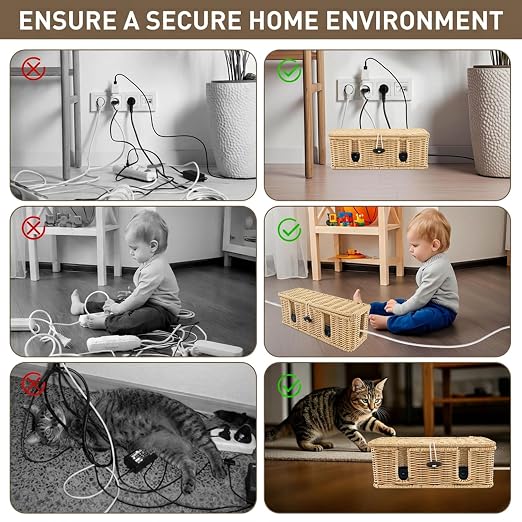 2 Pcs Rattan Cable Management Box, Large Cord Organizer Box with Lid Under Desk Router Hider with 4 Exits, Wire Boxes Hider for TV Wires Computer Surge Protector USB Hub Power Strip(Natural)