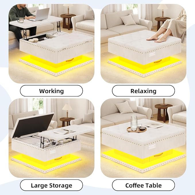 Large Square Ottoman with Storage, Square Storage Ottoman Coffee Table | Coffee Table Storage Ottoman Bench with Lift Top and Two Tier Drawers, LED Ottoman Bench with Charging Station,Beige