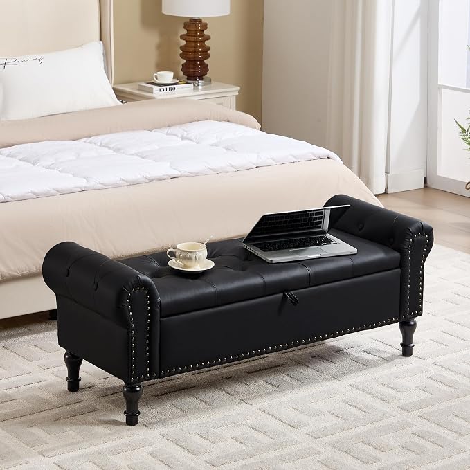 Storage Bench for Bedroom, 51" Upholstered End of Bed Bench, Faux Leather Queen Size Benches with Rolled Arms, Tufted Button Storage Long Ottoman, Living Room, Entryway, Obsidian Black