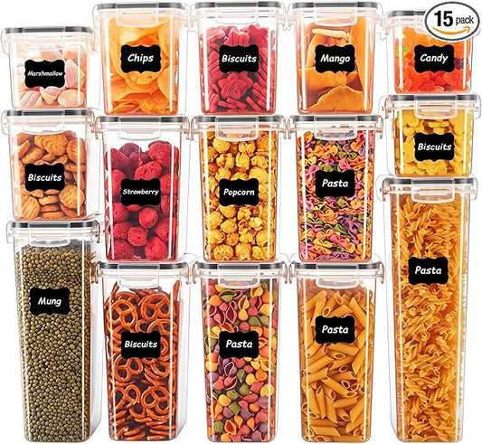 15PC Pantry Storage Containers, Airtight Food Storage Containers with Lids, BPA Free Kitchen and Pantry Organization and Storage Set for Pasta, Dry Food, Flour and Sugar, Cereal