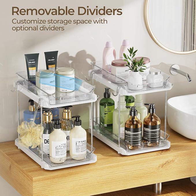 Delamu 2 Tier Under Sink Organizer Bathroom, Bathroom Cabinet Organizer with Snap-Lock Design and Hooks, Pull Out Storage with Movable Dividers, for Countertop, Kitchen and Pantry (White, 4 Pack)