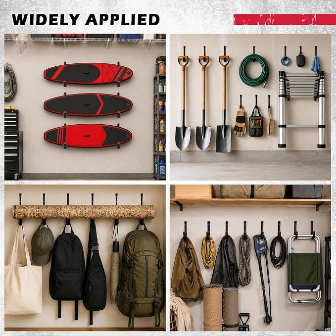 SEDY 6 Pack Heavy Duty Garage Hooks, Ladder Hooks for Garage Wall, Each Holds Up to 66 LB, 9.8 Inch EVA-Padded Steel Utility Hangers for Bikes, Folding Chairs, Garden Hoses and Tools