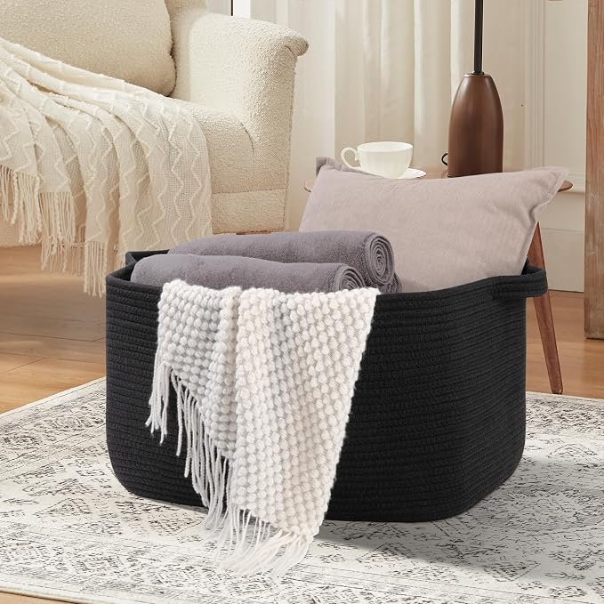 OIASKET 70L Large Blanket Basket, 21.6" x 16.9" x 11.8" Woven Storage Basket for Living Room, Nursery Blanket Storage for Toys, Towels, Dirty Clothes (Black)