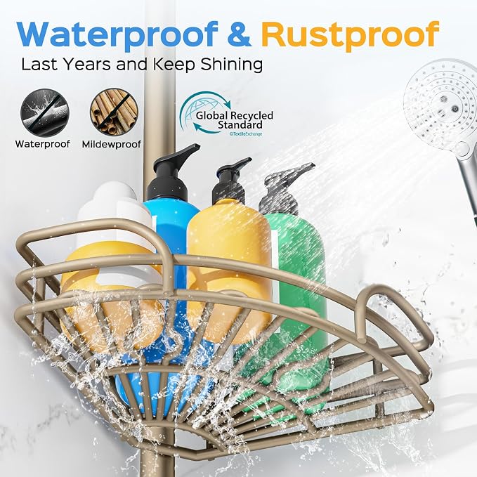HAMITOR Shower Caddy Corner Tension Pole: 4-Tier Large Capacity Bathroom Organizer Shelves - Rustproof No-Drill Adjustable 47-123 inch Shower Storage for Renters, Home Bathtub Stand Rack, Tan Khaki