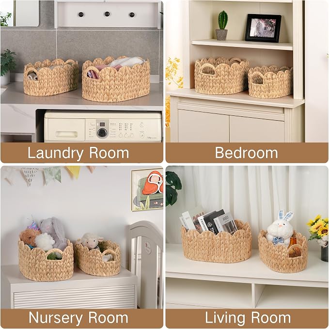 iEGrow Scalloped Wicker Basket, Set of 2 Hand-Woven Natural Rattan Baskets with Built-in Handles, Water Hyacinth Storage Oval Cute Baby Baskets for Nursery, Organizing, Decor and Shelves